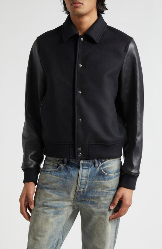 Wool Blend & Leather Varsity Jacket John Elliott