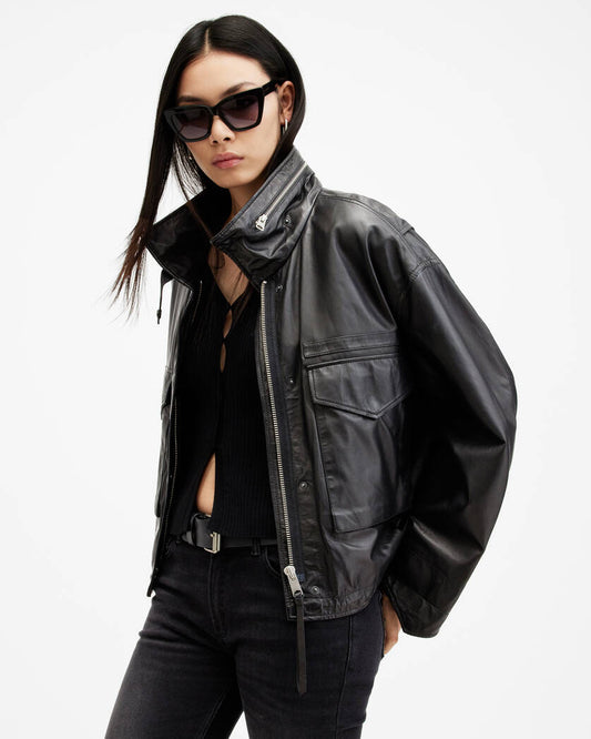 Clay Funnel Neck Cropped Leather Jacket All Saints