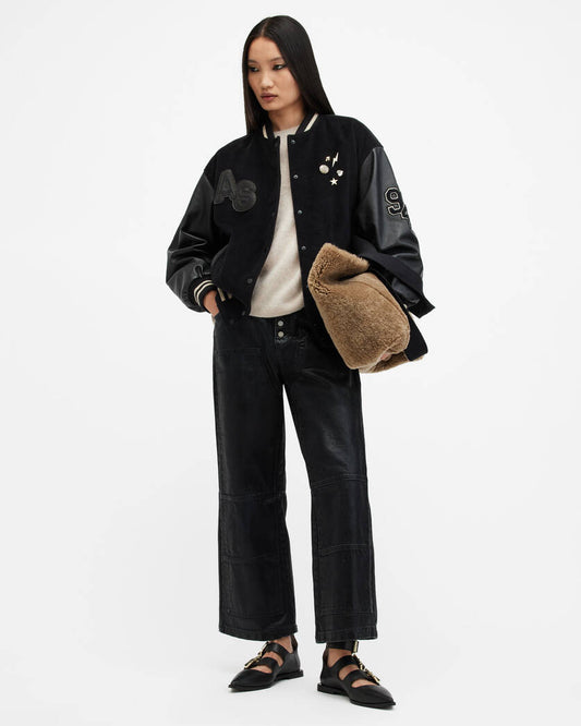 Valeria Varsity Leather Bomber Jacket All Saints