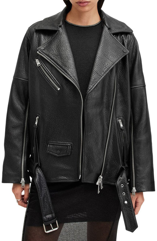 Vendra Relaxed Fit Leather Biker Jacket AllSaints