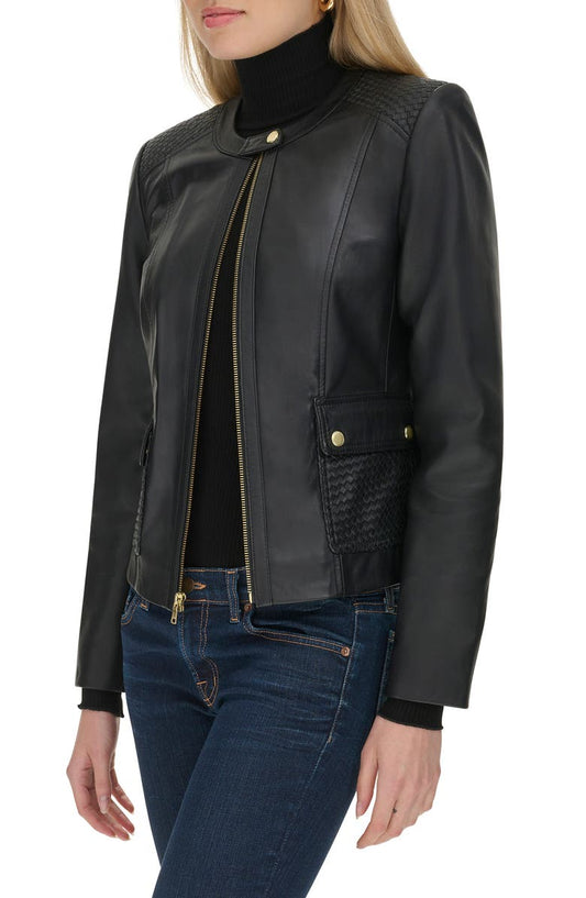 Woven Detail Leather Jacket Cole Haan