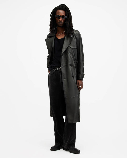 Neo Double Breasted Leather Trench Coat Allsaints