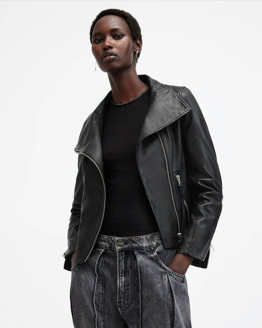 Ellis Leather Funnel Neck Biker Jacket Allsaints