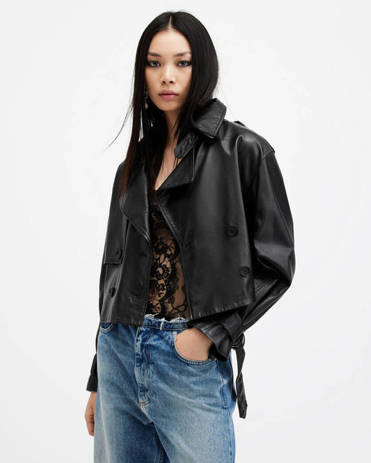 Hendry Cropped Leather Trench Coat Allsaints