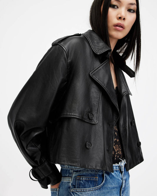 Hendry Cropped Leather Trench Coat Allsaints