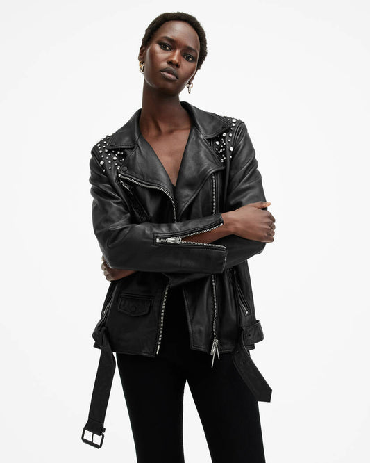 Billie Embellished Leather Biker Jacket Allsaints