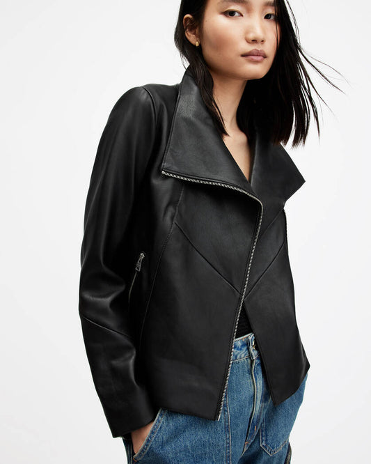 Gray Funnel Neck Draped Leather Jacket